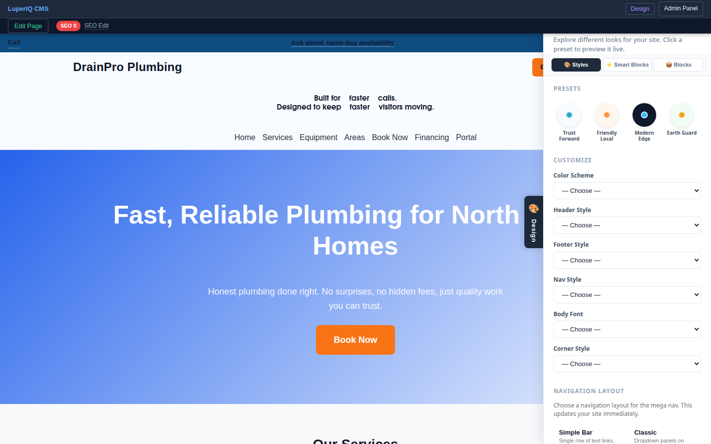 Plumbing Demo feature with design drawer